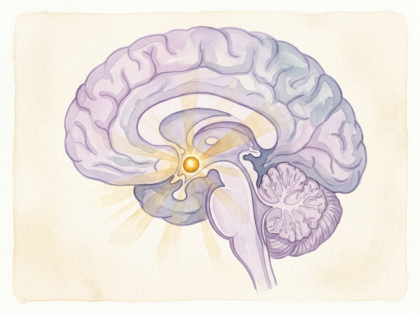 Watercolor illustration of a midline brain cross-section. A small golden sun radiates light from deep in the center, just above the optic chiasm — marking the location of the suprachiasmatic nucleus, the body's master circadian clock.